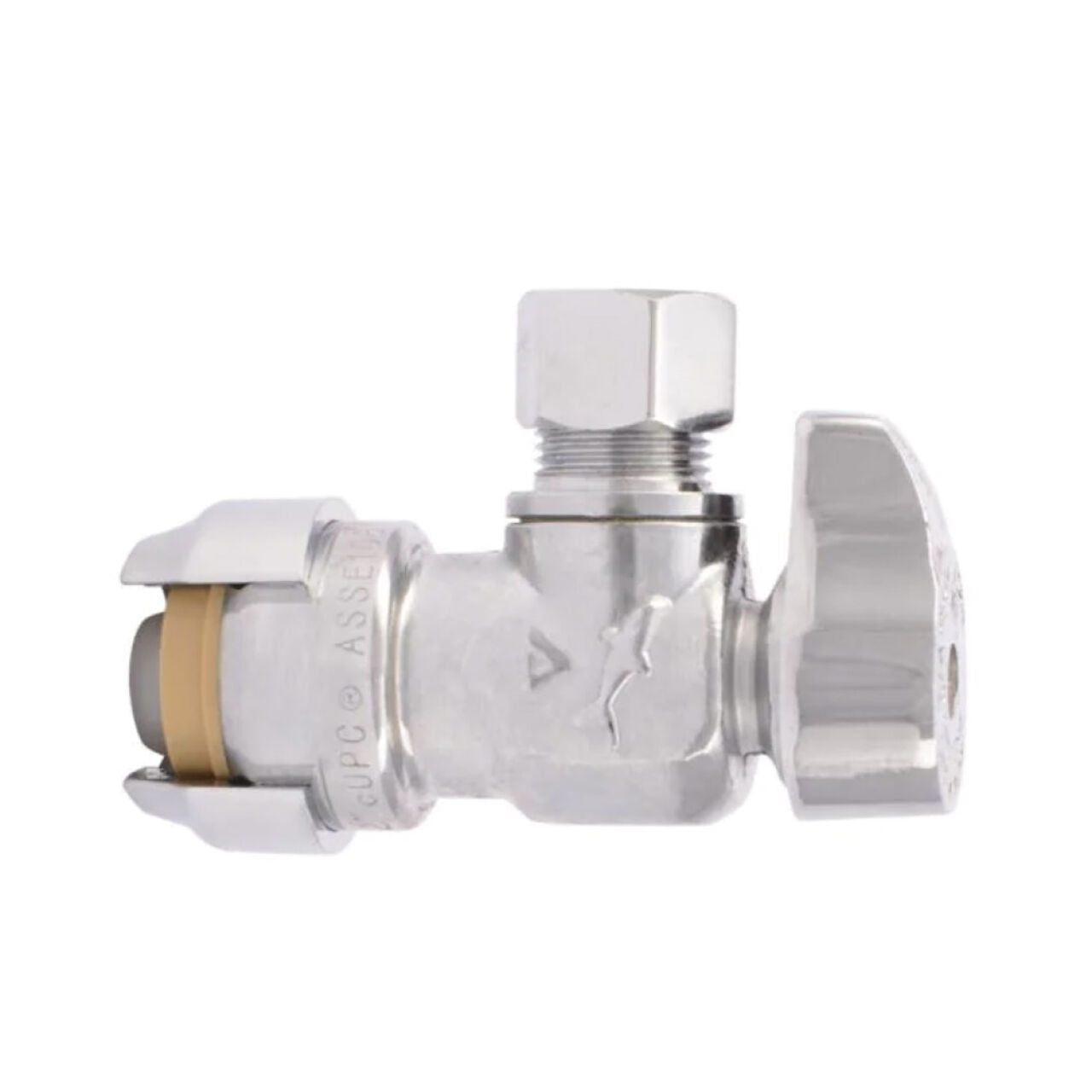 The Go Build 1/2 in. Push-to-Connect x 3/8 in. OD Compression Angle Stop Valve - Chrome Plated features a round handle and threaded connections for easy installation and reliable water flow control to fixtures.